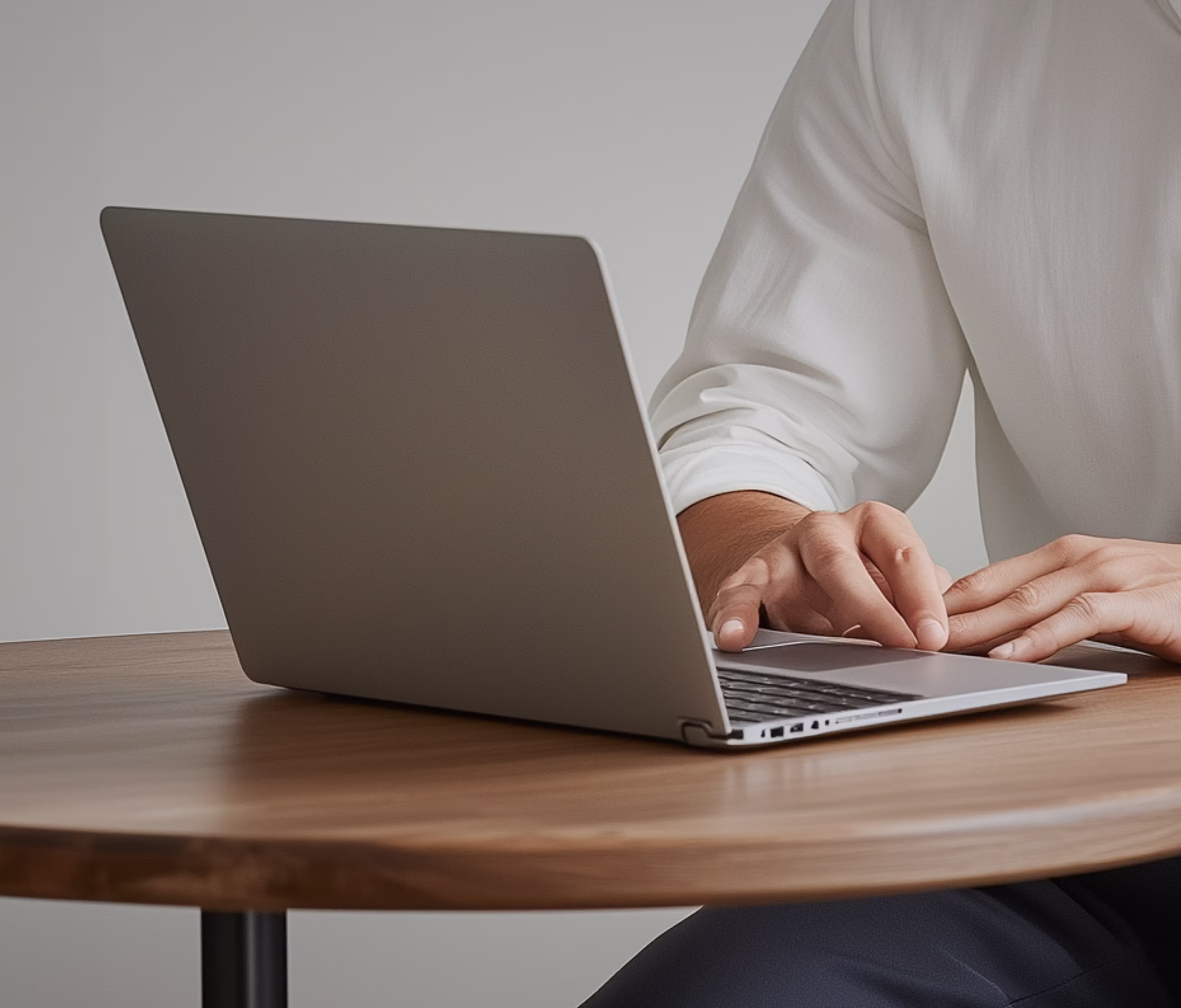 Hands typing on a laptop at a wooden table