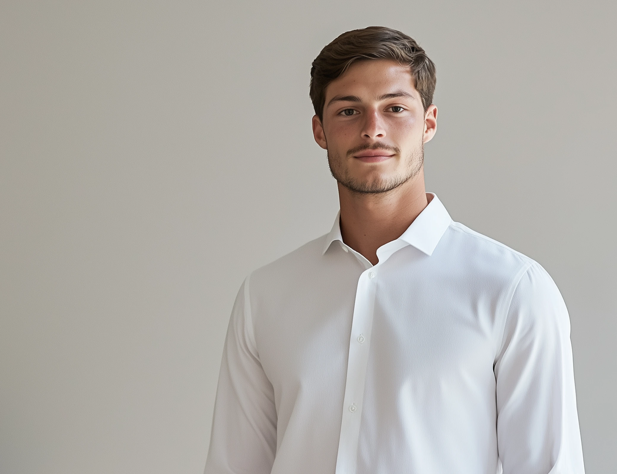 Confident professional in a white shirt smiling at the camera